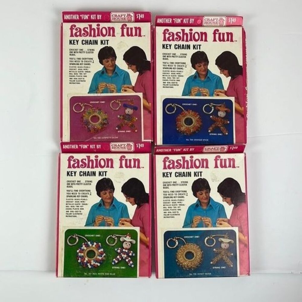 Vtg 1972 (4) Beaded Keychain Kits by Craft House NEW bead grandma kids fun craft